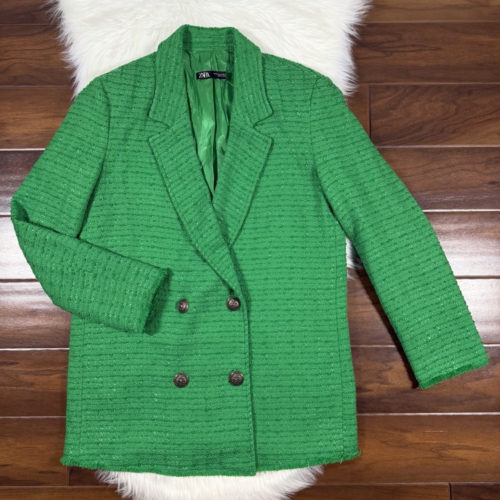 Zara Women's Size‎ Medium Green Tweed Double Breasted Blazer Jacket Long Sleeve